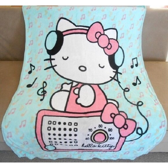 New Rocking Hello Kitty Soft Plush Fleece Throw Gift Blanket Girls Boombox Radio - Picture 1 of 3